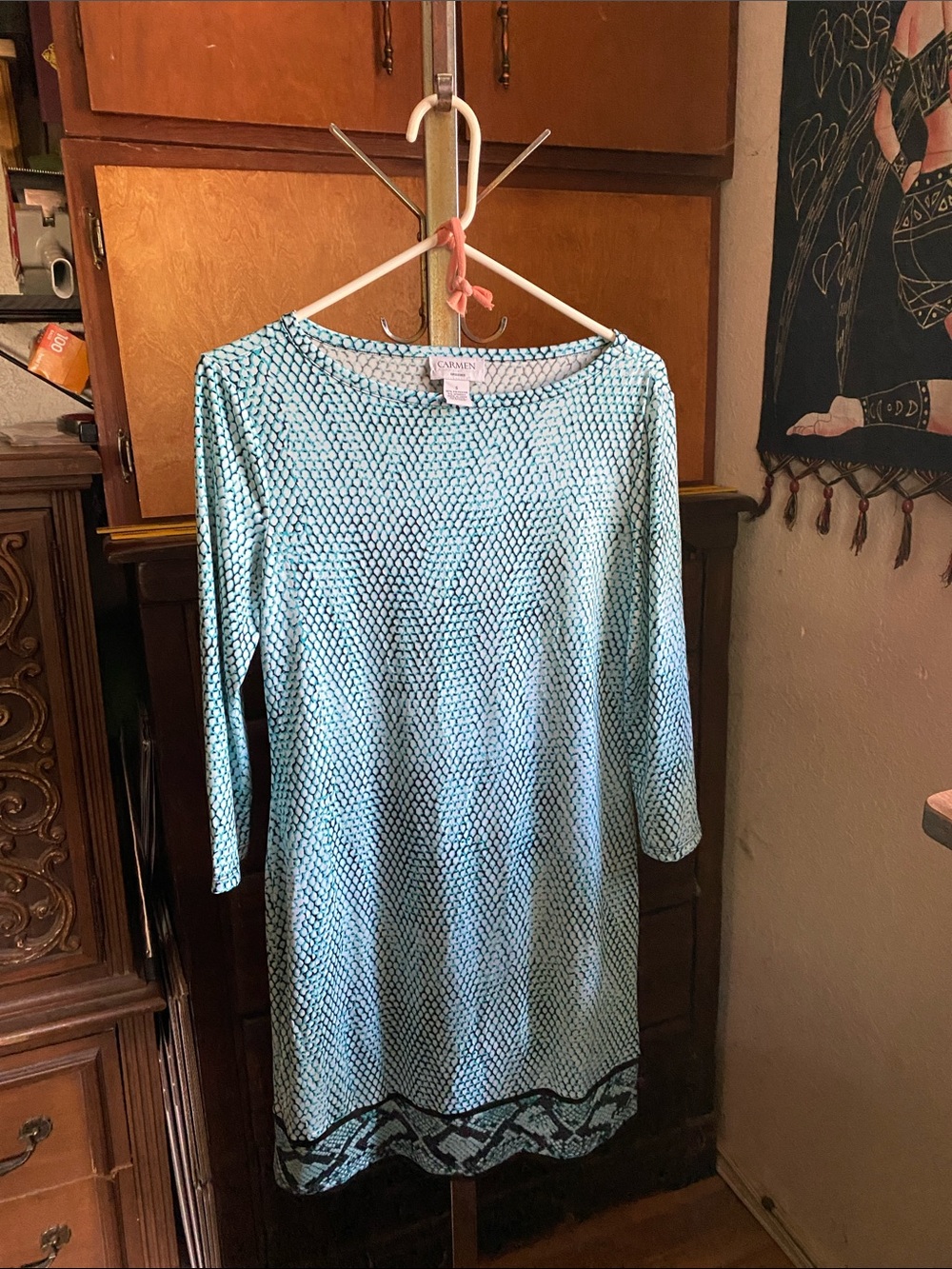 Light Blue Patterned Shift Dress with Black Hem Detail
